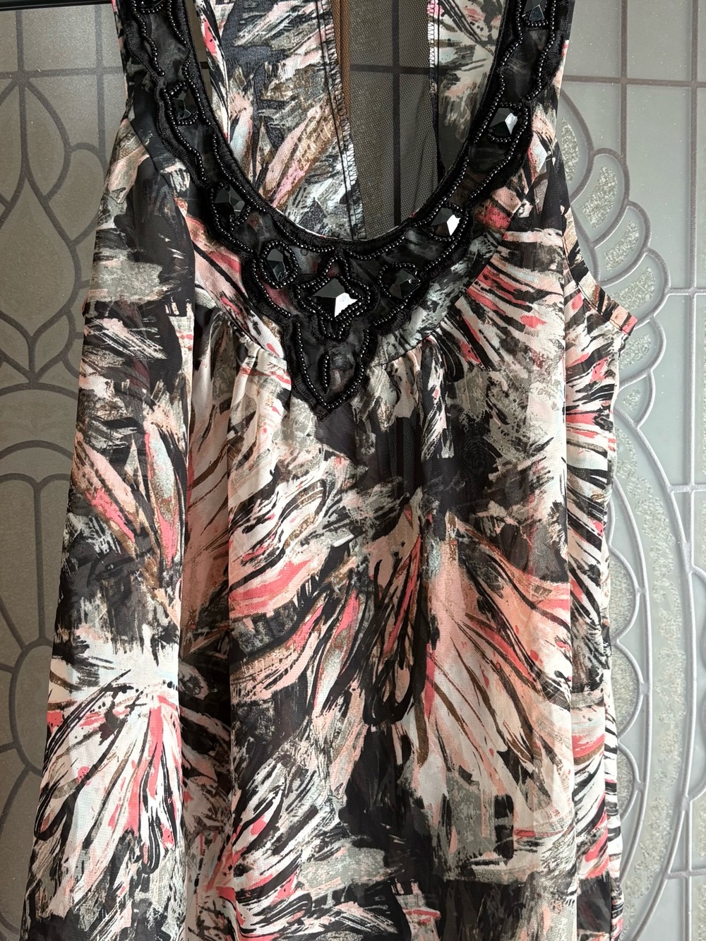 Charlotte Russe Black, Pink & Cream Beaded Abstract Print Tank